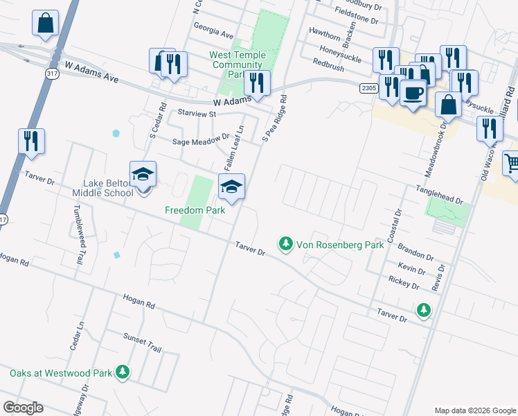 map of restaurants, bars, coffee shops, grocery stores, and more near 605 North Pea Ridge Road in Temple