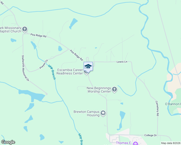 map of restaurants, bars, coffee shops, grocery stores, and more near 2841 Pea Ridge Road in Brewton
