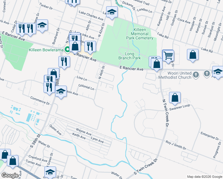 map of restaurants, bars, coffee shops, grocery stores, and more near 3410 Victoria Circle in Killeen