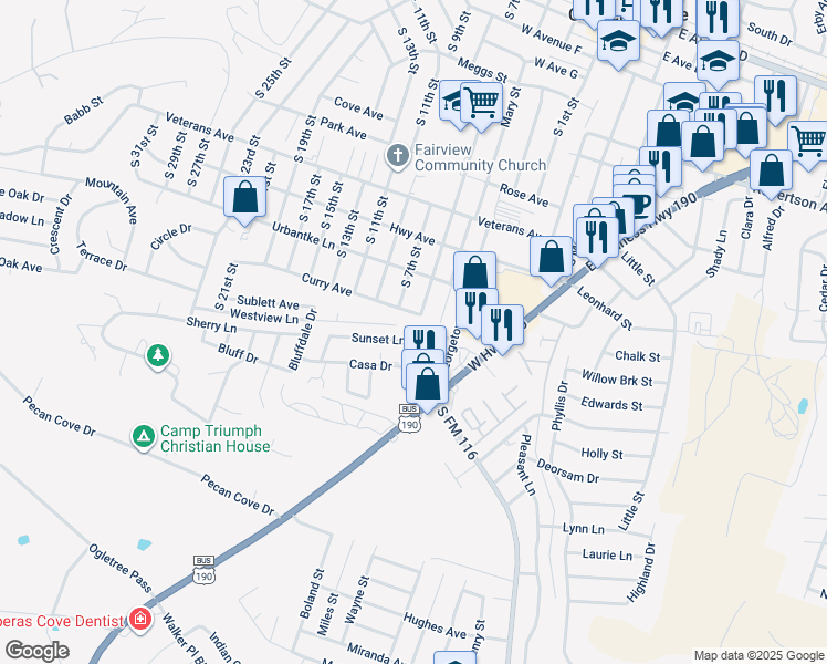 map of restaurants, bars, coffee shops, grocery stores, and more near 309 Sunset Lane in Copperas Cove