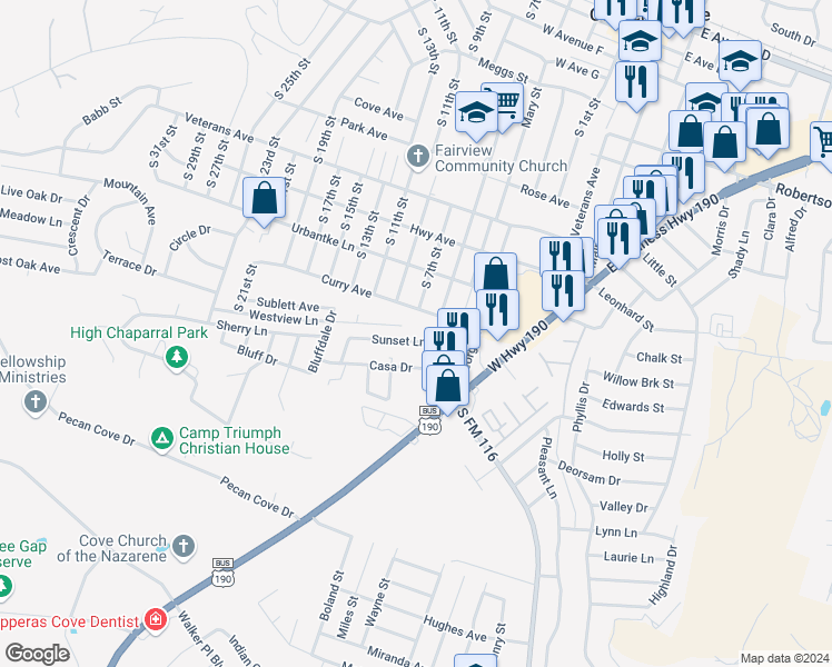 map of restaurants, bars, coffee shops, grocery stores, and more near 407 Sunset Lane in Copperas Cove