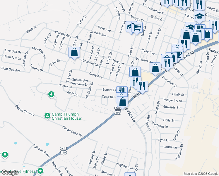 map of restaurants, bars, coffee shops, grocery stores, and more near 407 Sunset Lane in Copperas Cove