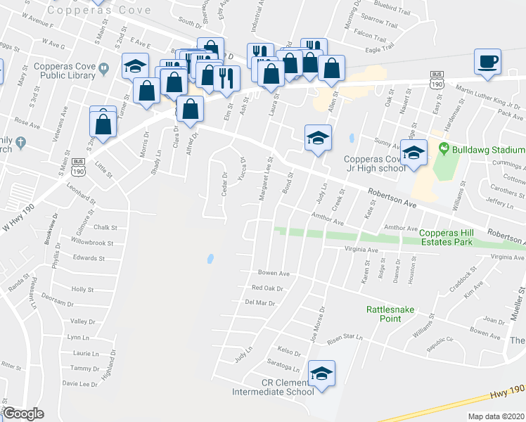 map of restaurants, bars, coffee shops, grocery stores, and more near 605 Margaret Lee Street in Copperas Cove