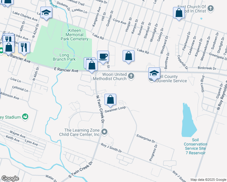 map of restaurants, bars, coffee shops, grocery stores, and more near 916 McDaniel Circle in Killeen