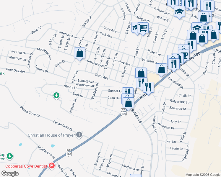 map of restaurants, bars, coffee shops, grocery stores, and more near 603 Sunset Lane in Copperas Cove