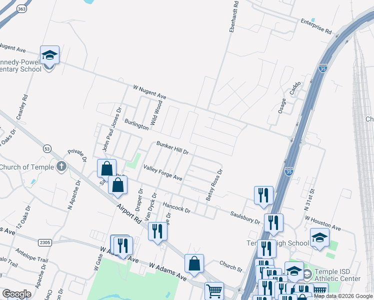 map of restaurants, bars, coffee shops, grocery stores, and more near 905 Saratoga Drive in Temple