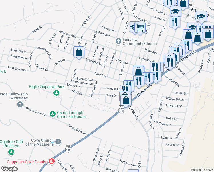 map of restaurants, bars, coffee shops, grocery stores, and more near 603 Sunset Lane in Copperas Cove