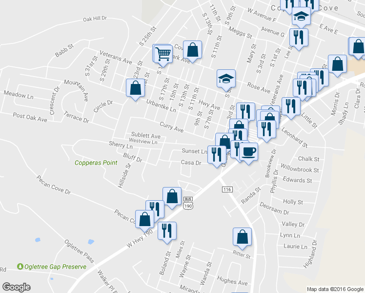 map of restaurants, bars, coffee shops, grocery stores, and more near 603 Sunset Lane in Copperas Cove