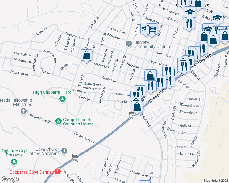 map of restaurants, bars, coffee shops, grocery stores, and more near 603 Sunset Lane in Copperas Cove