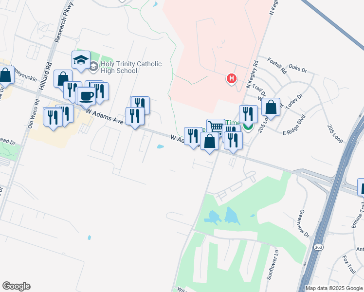 map of restaurants, bars, coffee shops, grocery stores, and more near 50 South Kegley Road in Temple