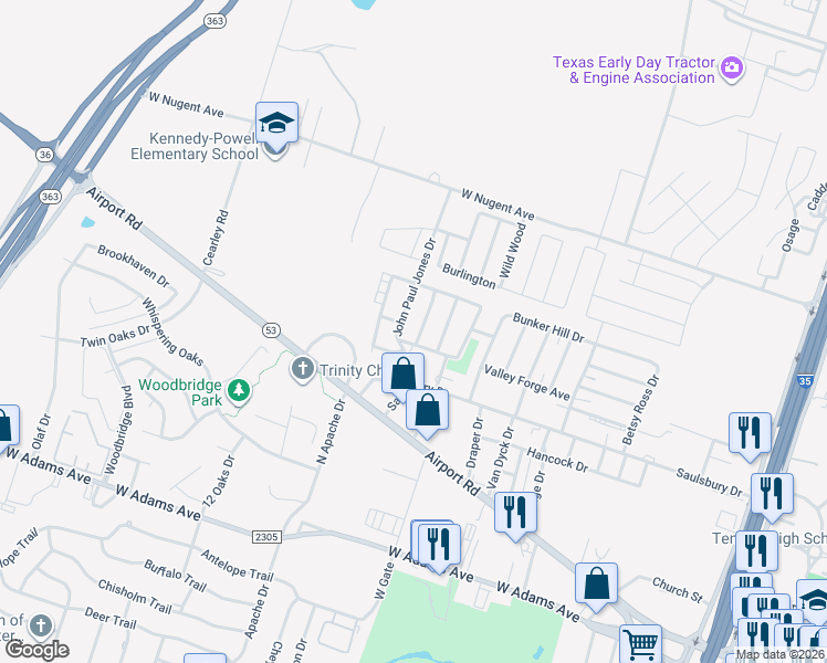 map of restaurants, bars, coffee shops, grocery stores, and more near 3017 Liberty Drive in Temple