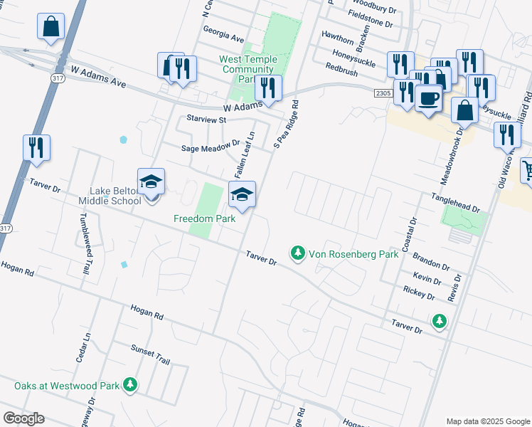 map of restaurants, bars, coffee shops, grocery stores, and more near 605 North Pea Ridge Road in Temple