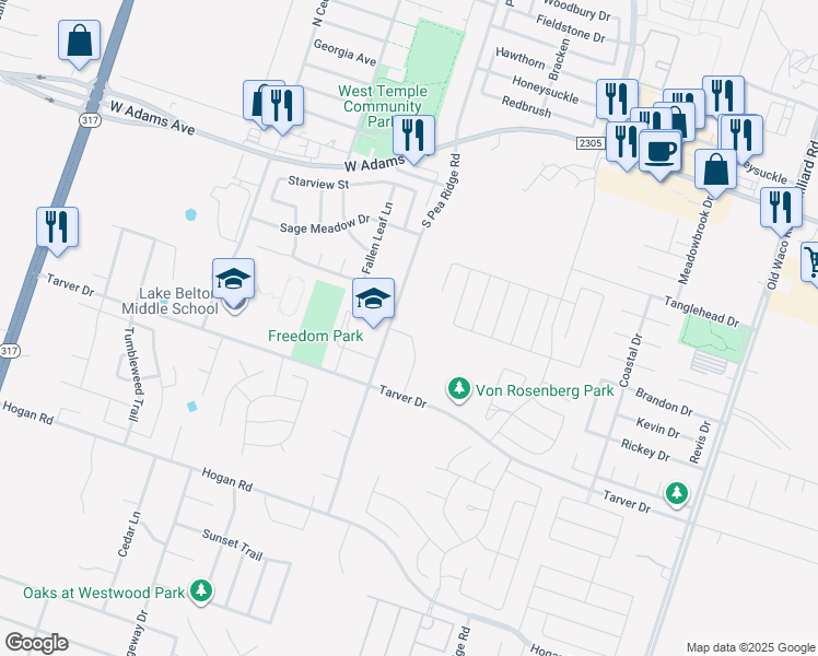 map of restaurants, bars, coffee shops, grocery stores, and more near 605 North Pea Ridge Road in Temple