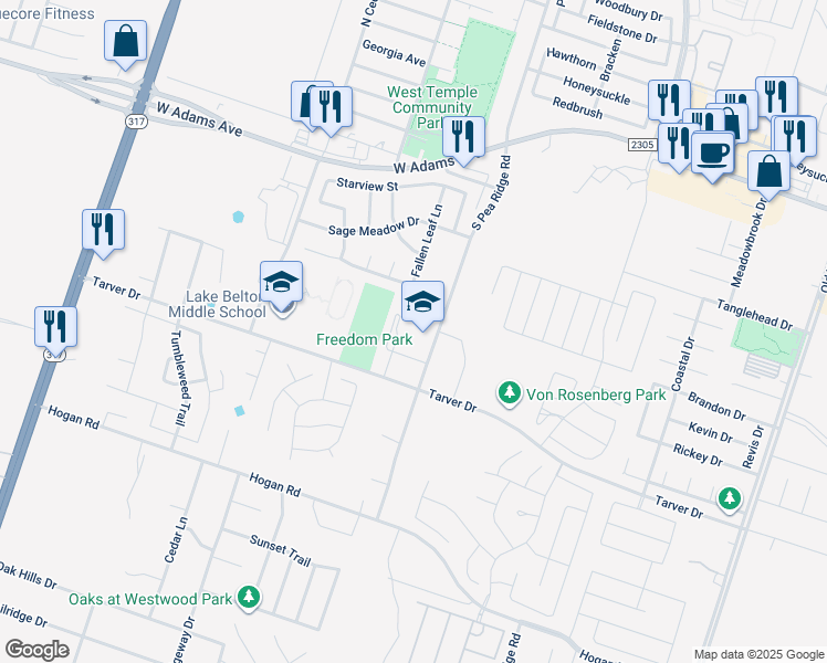 map of restaurants, bars, coffee shops, grocery stores, and more near 714 South Pea Ridge Road in Temple