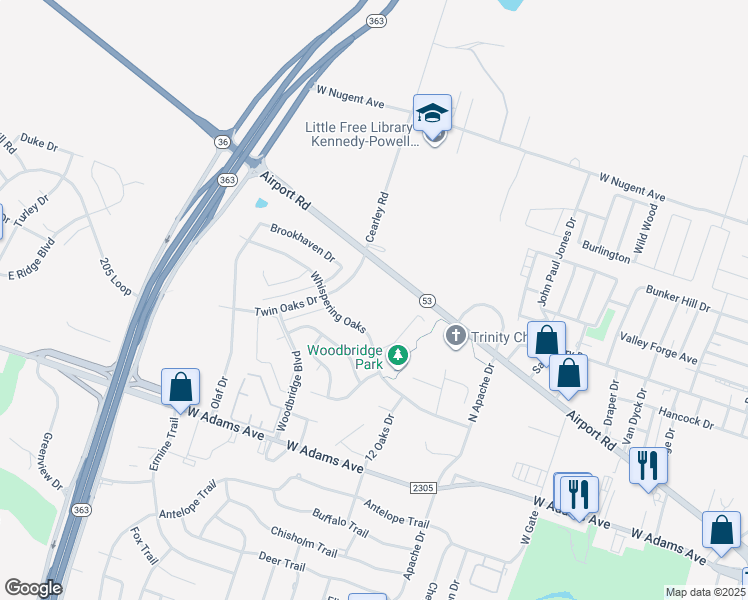 map of restaurants, bars, coffee shops, grocery stores, and more near 601 Twin Oaks Drive in Temple