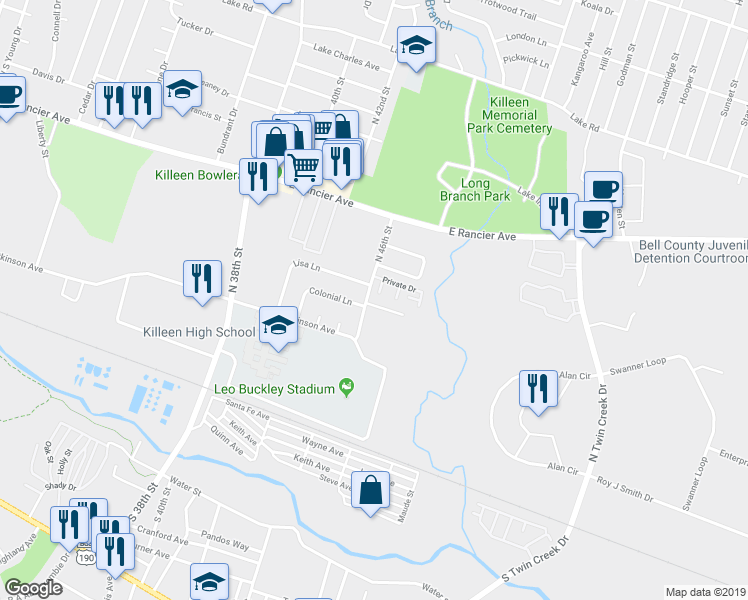 map of restaurants, bars, coffee shops, grocery stores, and more near 506 North 46th Street in Killeen