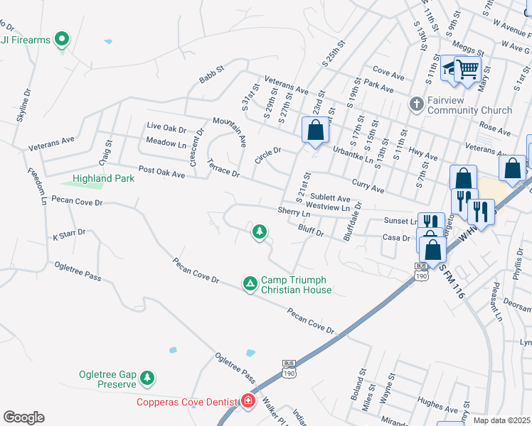 map of restaurants, bars, coffee shops, grocery stores, and more near 1307 High Chaparral Dr in Copperas Cove