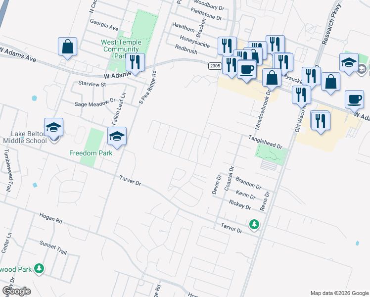map of restaurants, bars, coffee shops, grocery stores, and more near 604 Copper Ridge Loop in Temple