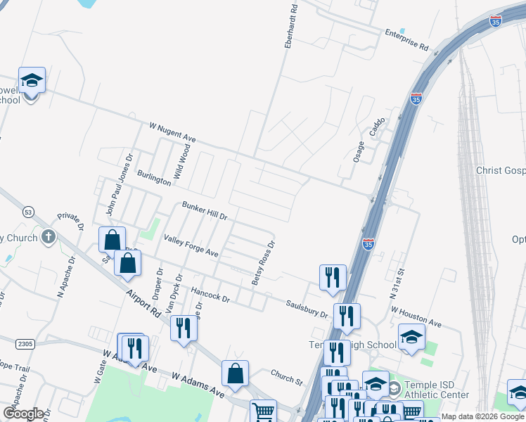 map of restaurants, bars, coffee shops, grocery stores, and more near 2306 Bunker Hill Drive in Temple
