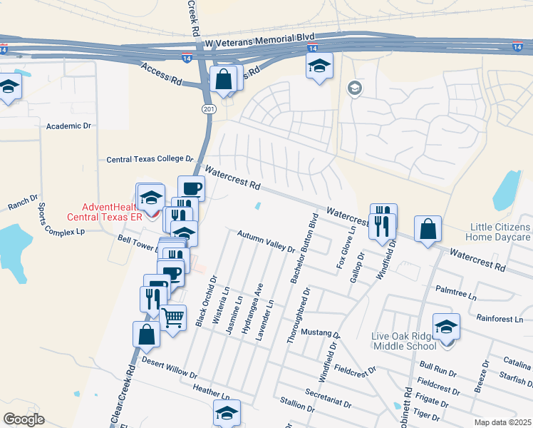 map of restaurants, bars, coffee shops, grocery stores, and more near 5016 Watercrest Road in Killeen