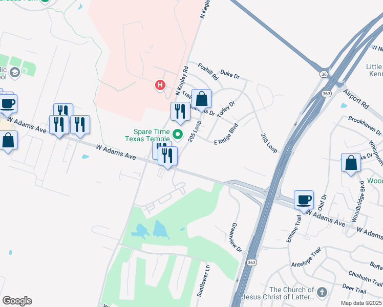 map of restaurants, bars, coffee shops, grocery stores, and more near in Temple