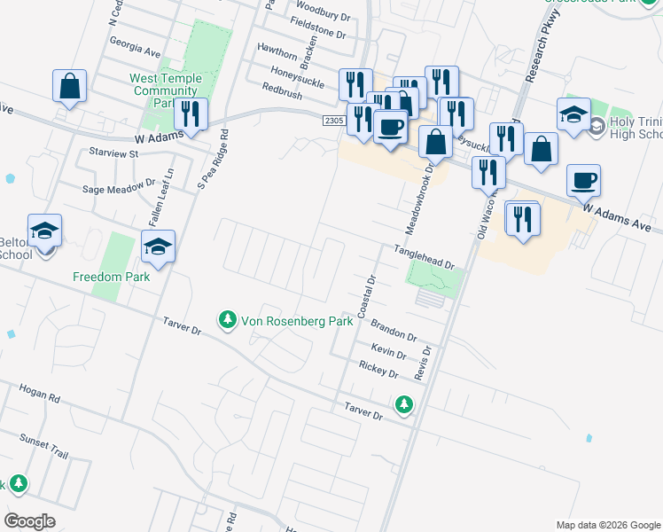 map of restaurants, bars, coffee shops, grocery stores, and more near 7322 Pappus Court in Temple