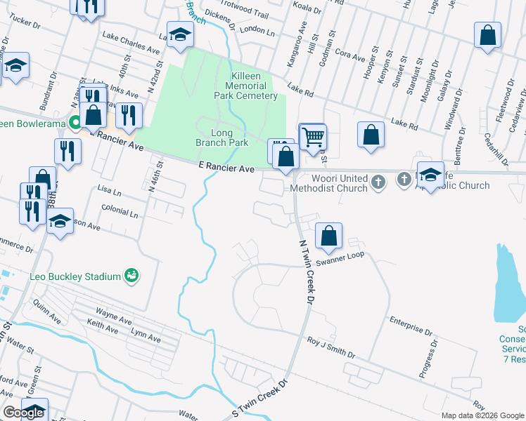 map of restaurants, bars, coffee shops, grocery stores, and more near 1001 North Twin Creek Drive in Killeen