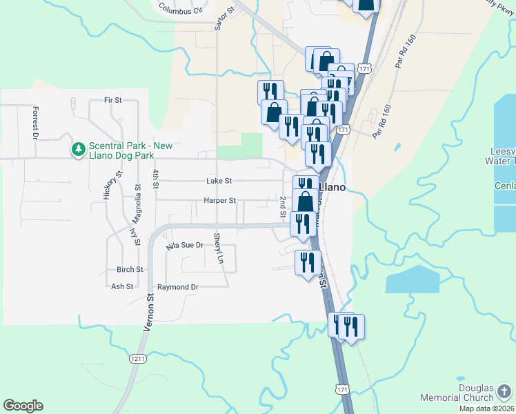map of restaurants, bars, coffee shops, grocery stores, and more near 212 Harper Street in New Llano