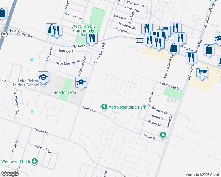 map of restaurants, bars, coffee shops, grocery stores, and more near 704 Copper Ridge Loop in Temple