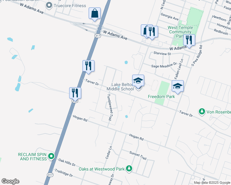 map of restaurants, bars, coffee shops, grocery stores, and more near 825 Tumbleweed Trail in Temple