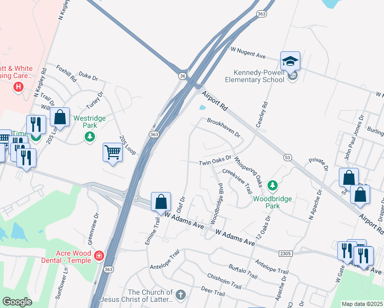 map of restaurants, bars, coffee shops, grocery stores, and more near 607 Olaf Drive in Temple