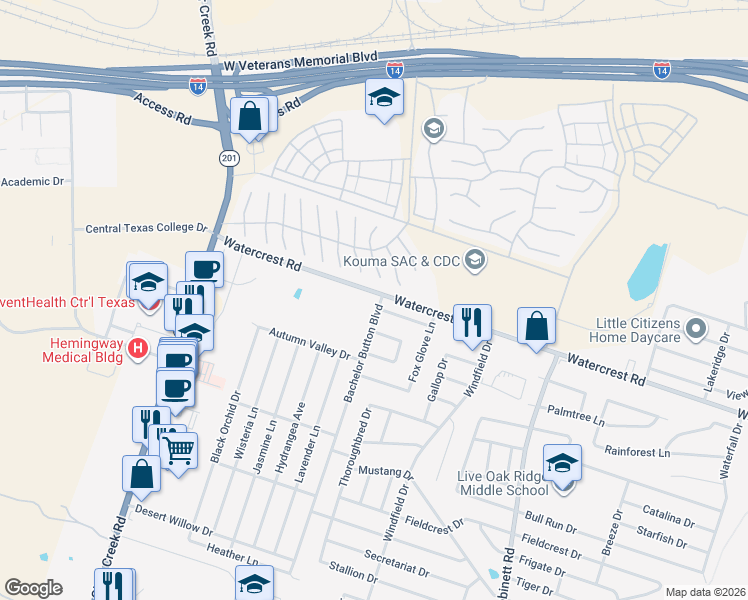 map of restaurants, bars, coffee shops, grocery stores, and more near 48267 Morris Street in Fort Hood
