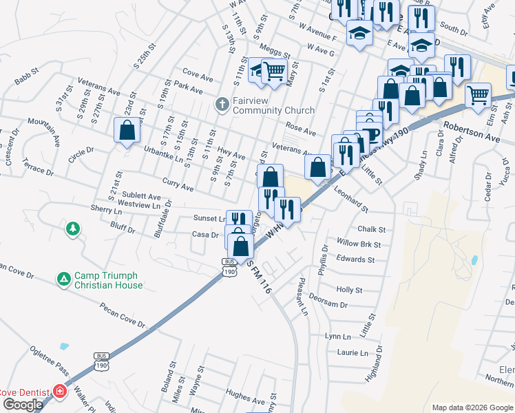 map of restaurants, bars, coffee shops, grocery stores, and more near 448 Town Square in Copperas Cove
