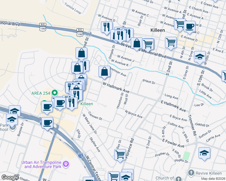 map of restaurants, bars, coffee shops, grocery stores, and more near 620 Raymond Street in Killeen