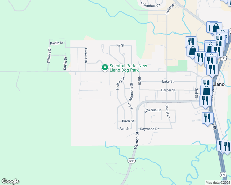 map of restaurants, bars, coffee shops, grocery stores, and more near 403 Hickory Street in New Llano