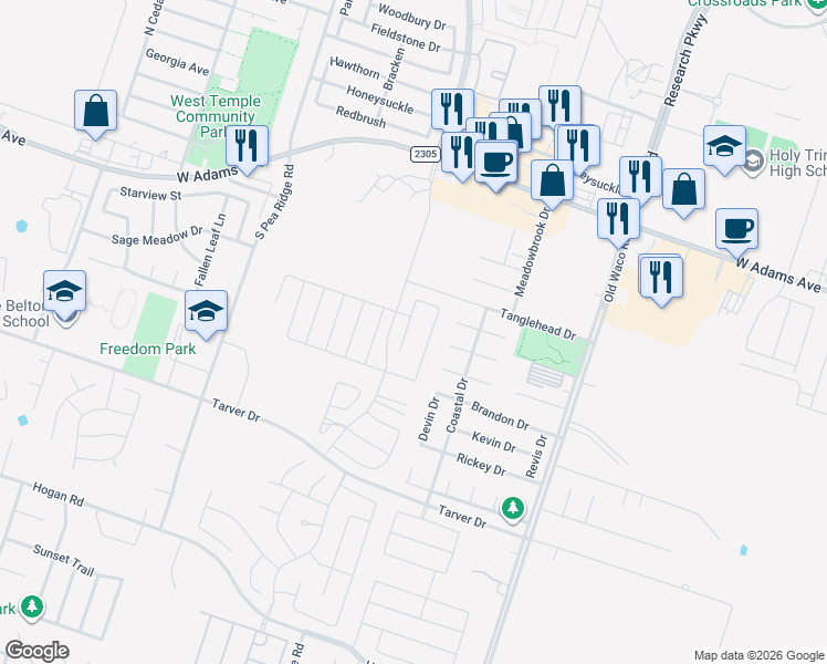 map of restaurants, bars, coffee shops, grocery stores, and more near 7321 Pappus Ct in Temple