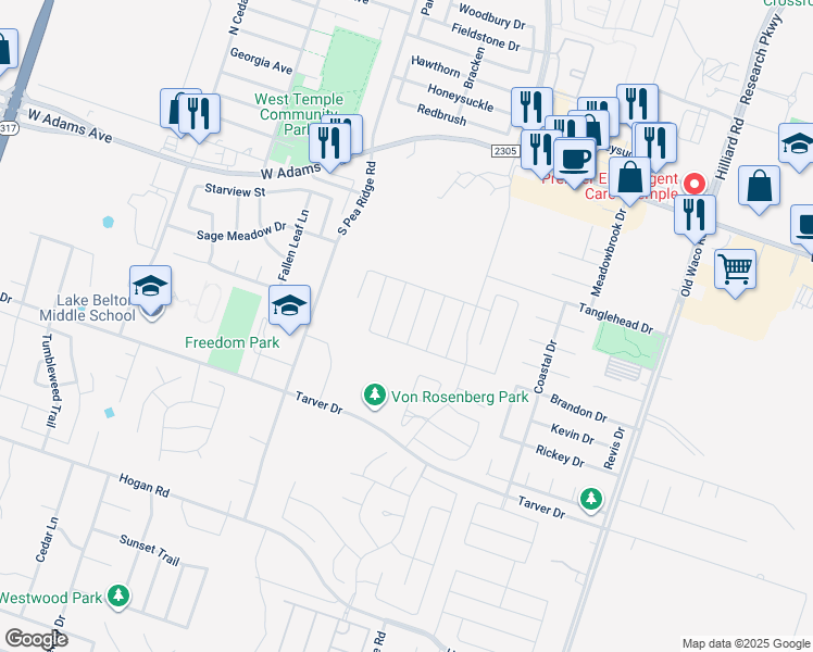 map of restaurants, bars, coffee shops, grocery stores, and more near 704 Copper Ridge Loop in Temple