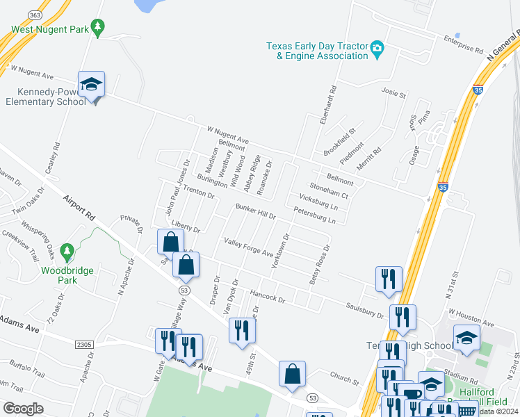 map of restaurants, bars, coffee shops, grocery stores, and more near 2702 Bunker Hill Drive in Temple