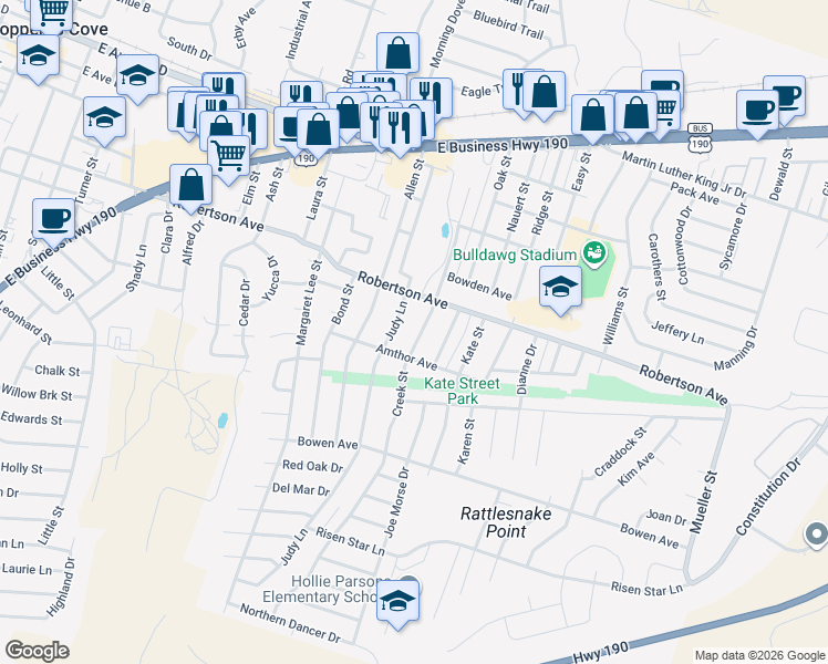 map of restaurants, bars, coffee shops, grocery stores, and more near 506 Creek Street in Copperas Cove