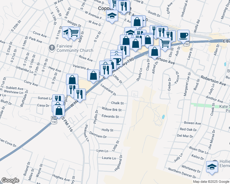 map of restaurants, bars, coffee shops, grocery stores, and more near 901 Leonhard Street in Copperas Cove