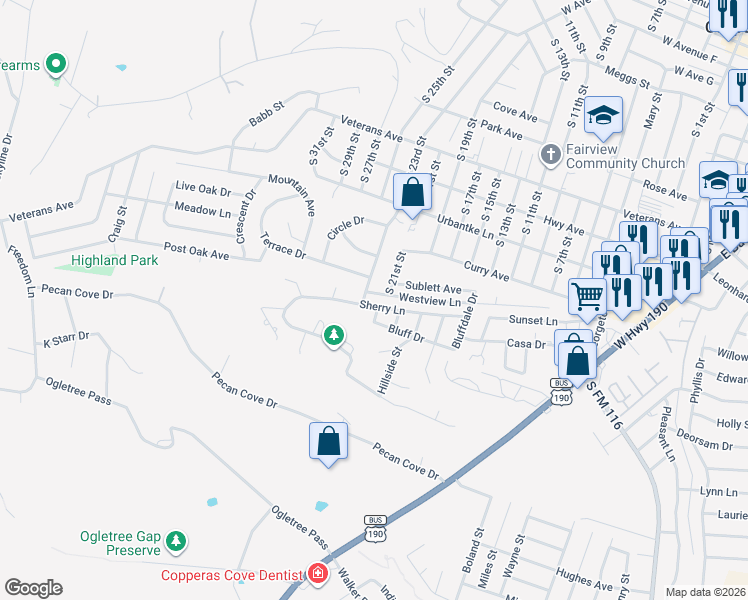 map of restaurants, bars, coffee shops, grocery stores, and more near 1502 South 23rd Street in Copperas Cove