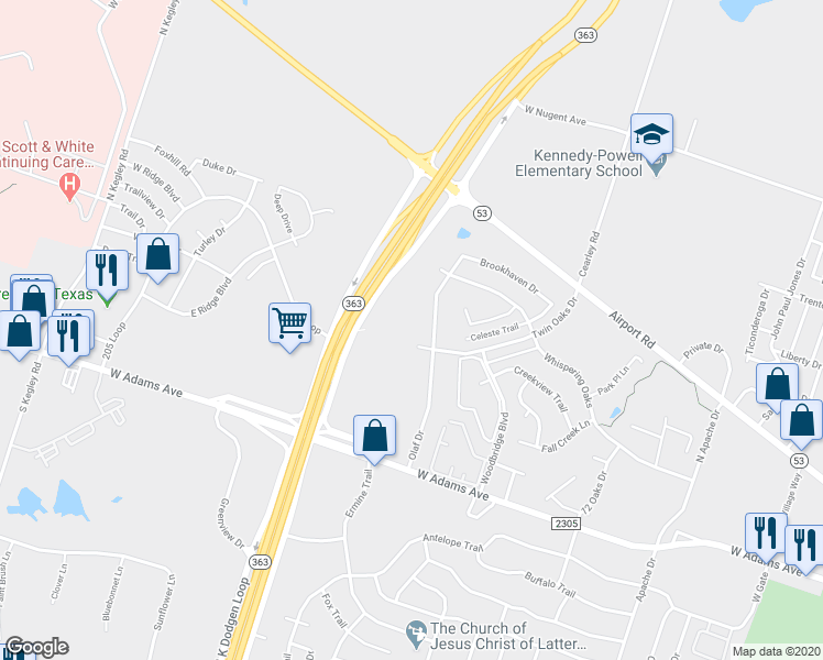 map of restaurants, bars, coffee shops, grocery stores, and more near 500 Olaf Drive in Temple