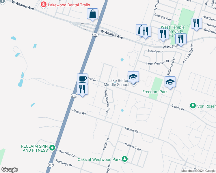 map of restaurants, bars, coffee shops, grocery stores, and more near 825 Tumbleweed Trail in Temple