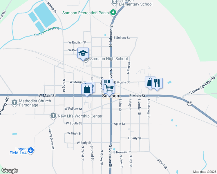 map of restaurants, bars, coffee shops, grocery stores, and more near N Johnson St in Samson