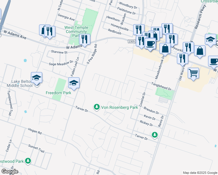 map of restaurants, bars, coffee shops, grocery stores, and more near 704 Copper Ridge Loop in Temple