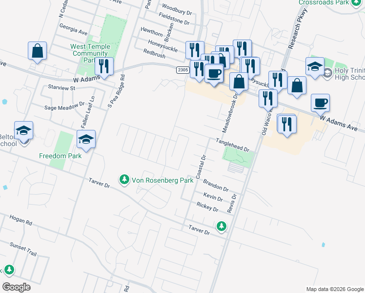 map of restaurants, bars, coffee shops, grocery stores, and more near 7322 Pappus Court in Temple