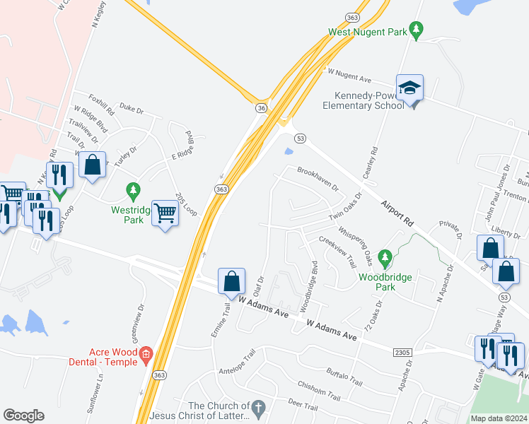 map of restaurants, bars, coffee shops, grocery stores, and more near 500 Olaf Drive in Temple