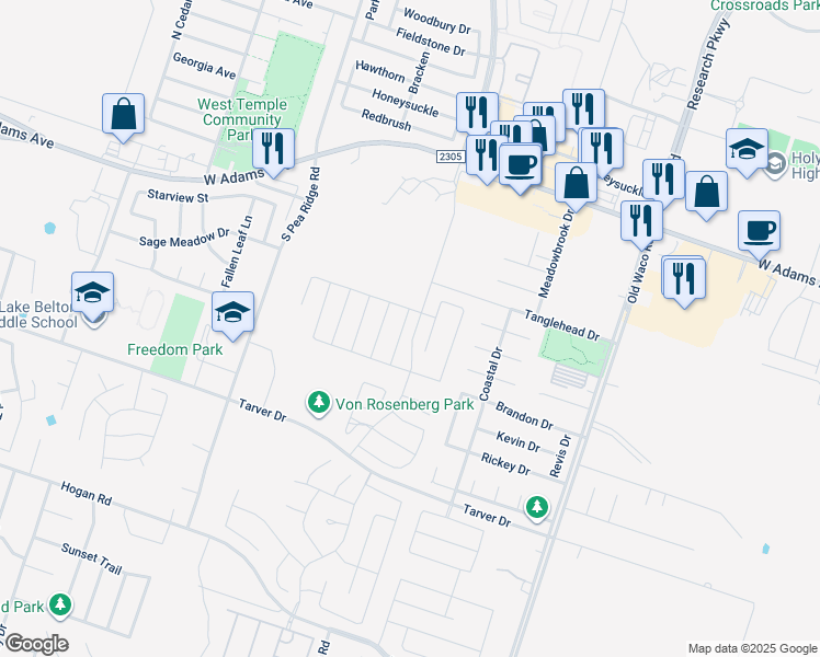 map of restaurants, bars, coffee shops, grocery stores, and more near 7321 Pappus Ct in Temple