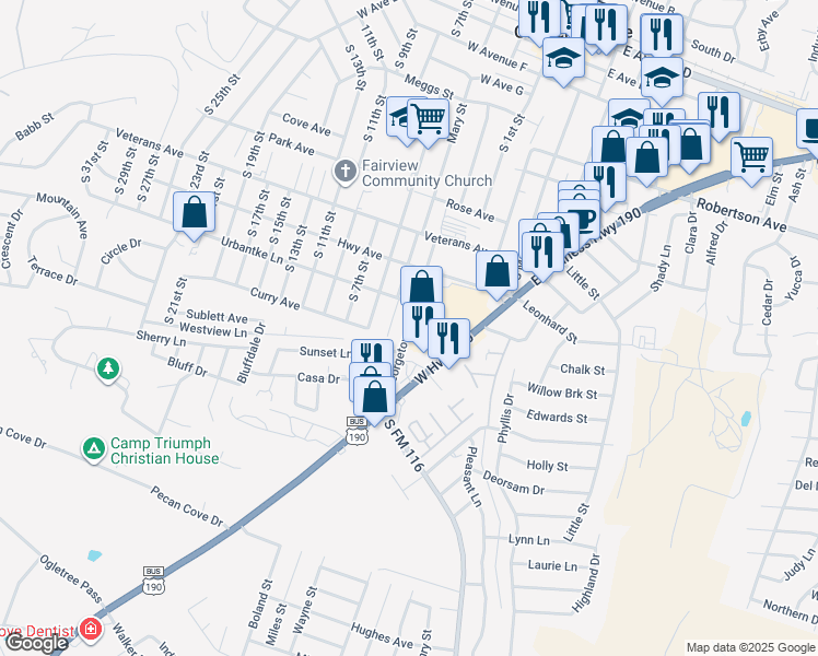 map of restaurants, bars, coffee shops, grocery stores, and more near 448 Town Square in Copperas Cove