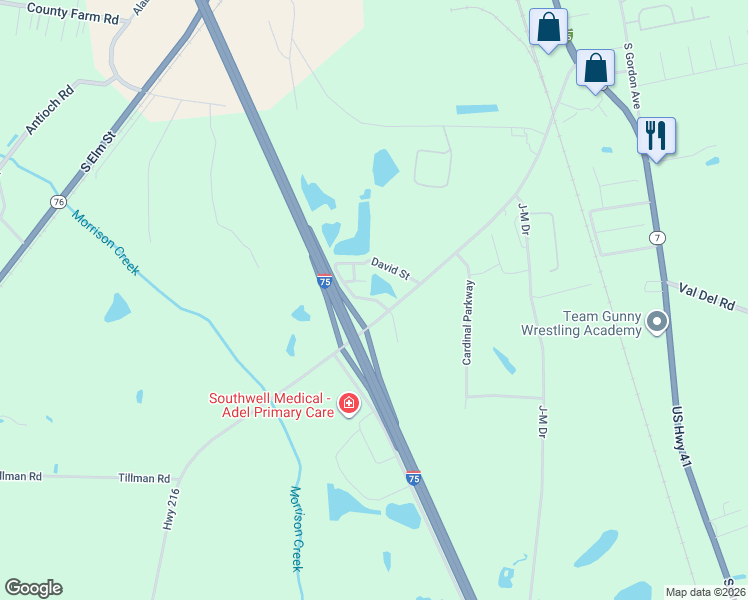 map of restaurants, bars, coffee shops, grocery stores, and more near David Street in Adel